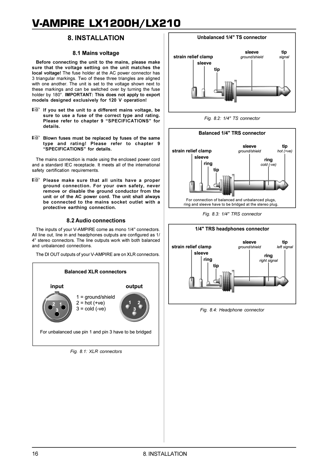 Behringer manual Installation, 8.1Mains voltage, Audio connections, V-AMPIRELX1200H/LX210, 1 XLR connectors 