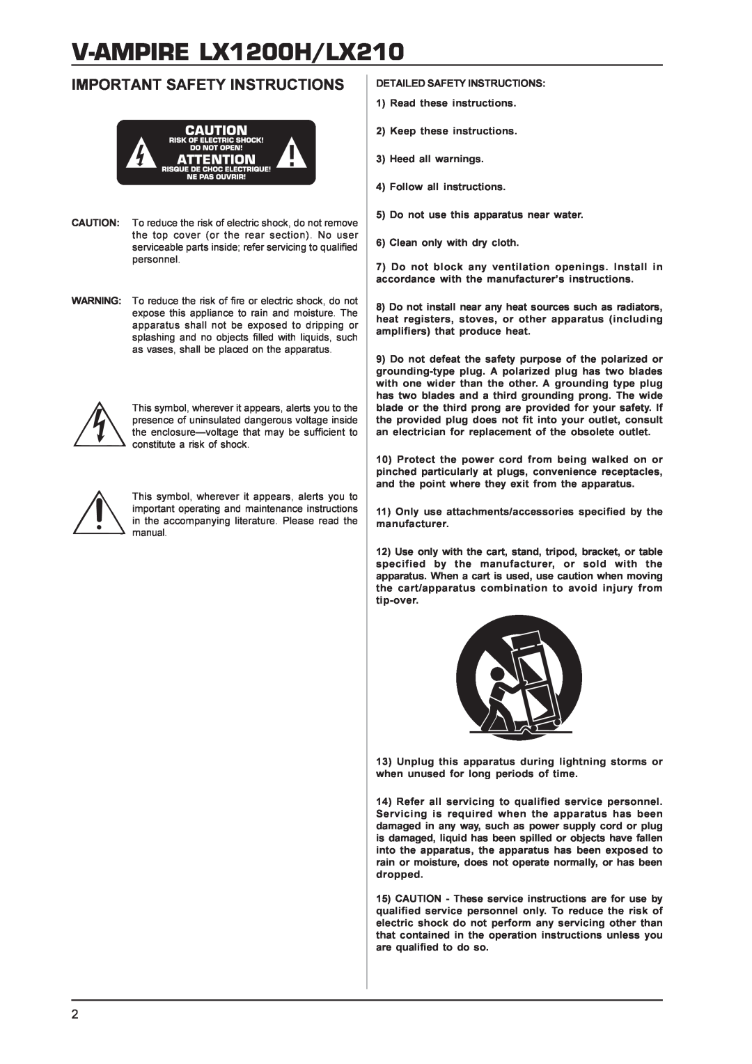 Behringer manual V-AMPIRELX1200H/LX210, Important Safety Instructions 