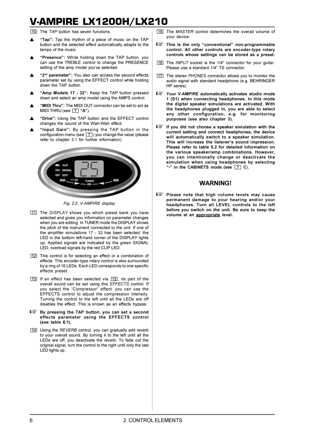 Behringer manual V-AMPIRELX1200H/LX210, Control Elements, 2 V-AMPIREdisplay 