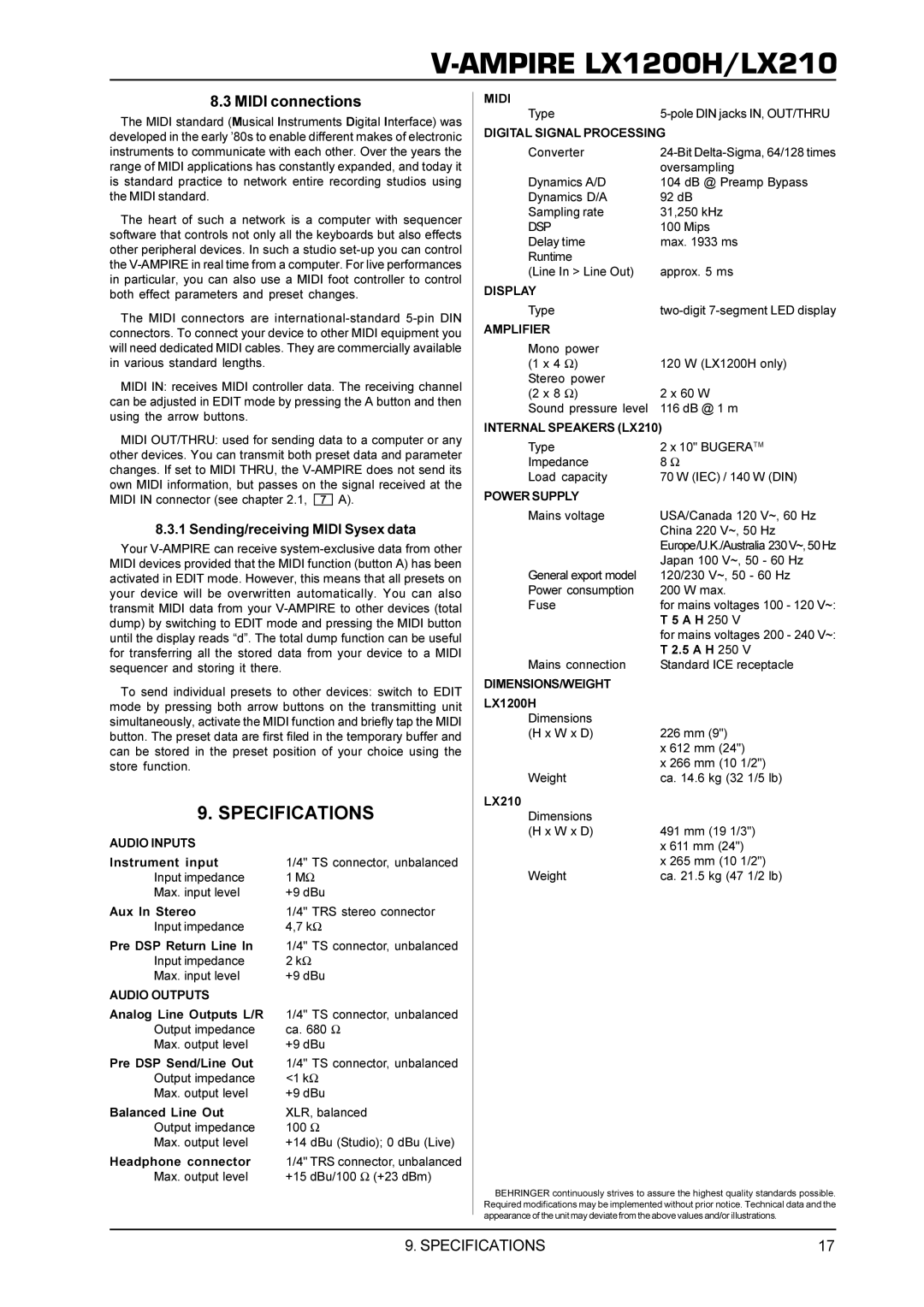 Behringer LX1200H/LX210 manual Specifications, Midi connections, Sending/receiving Midi Sysex data 