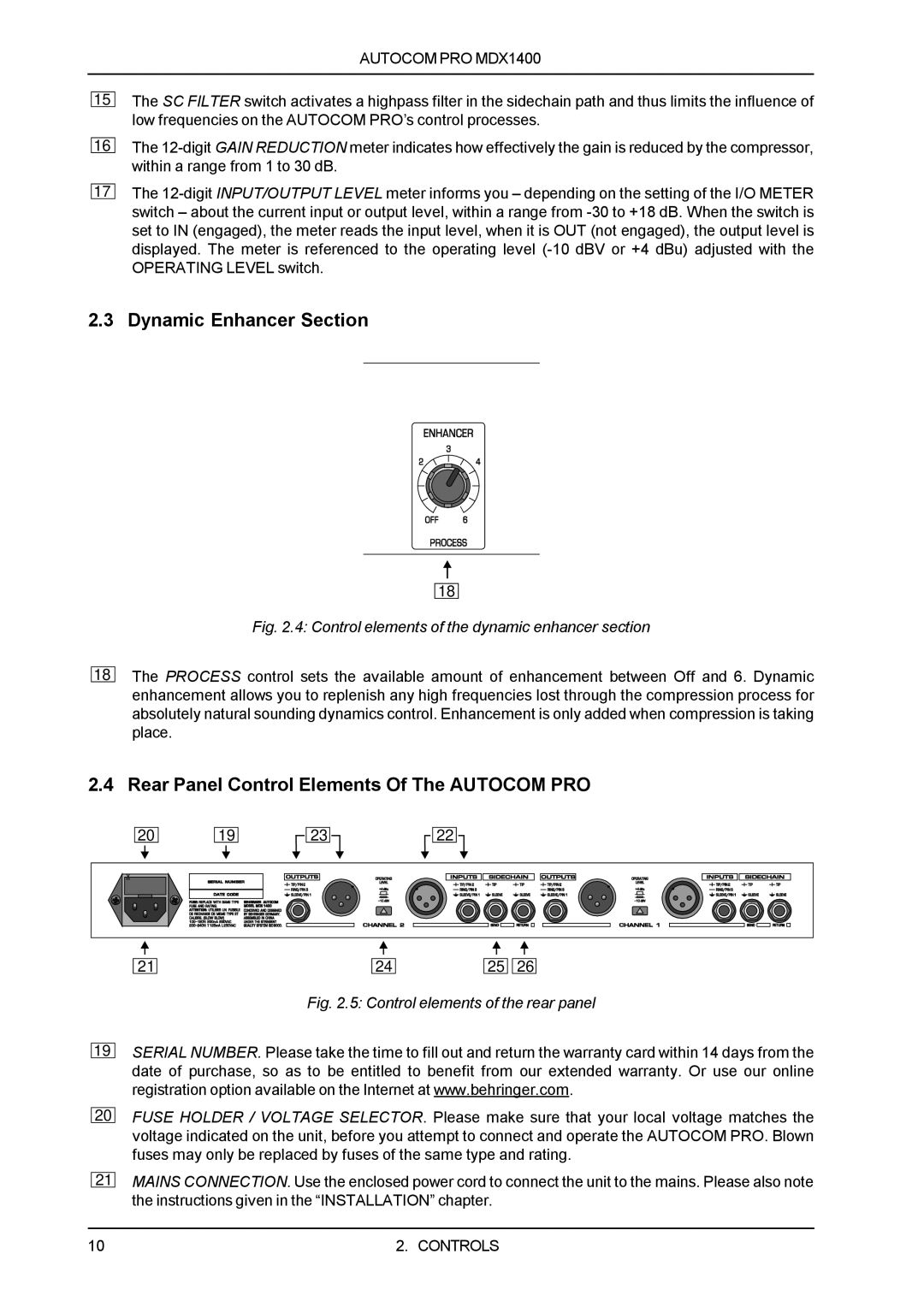 Behringer MDX1400 manual Dynamic Enhancer Section, Rear Panel Control Elements Of The Autocom PRO 