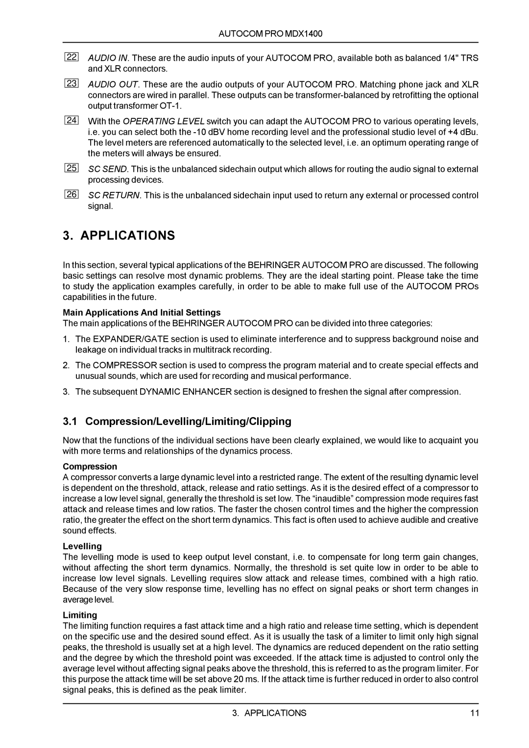 Behringer MDX1400 manual Applications, Compression/Levelling/Limiting/Clipping 