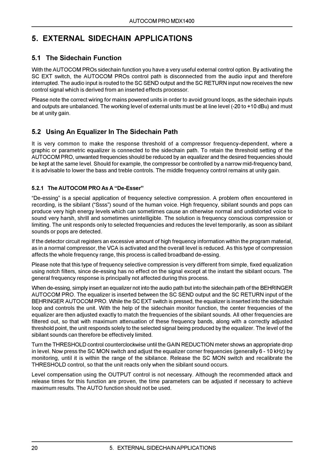 Behringer MDX1400 manual External Sidechain Applications, Sidechain Function, Using An Equalizer In The Sidechain Path 