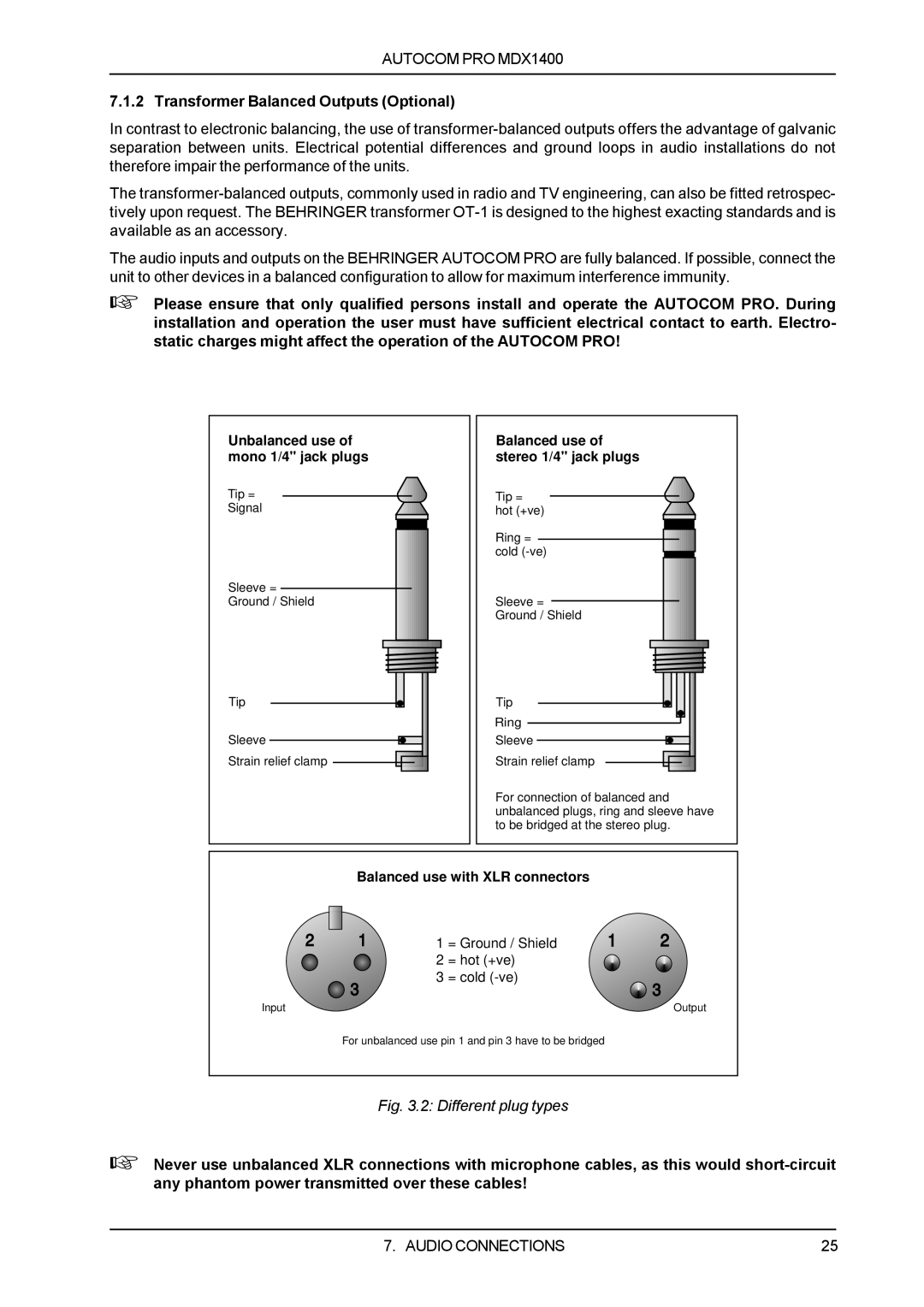 Behringer MDX1400 manual Different plug types 