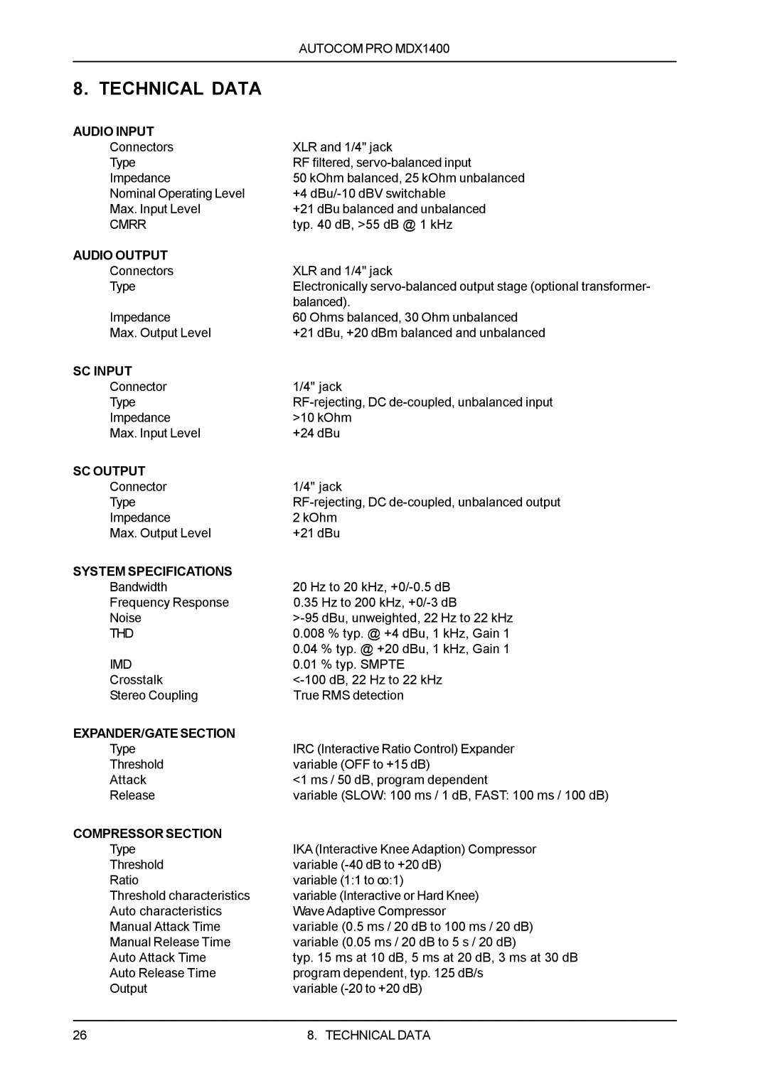 Behringer MDX1400 manual Technical Data, Audio Input 