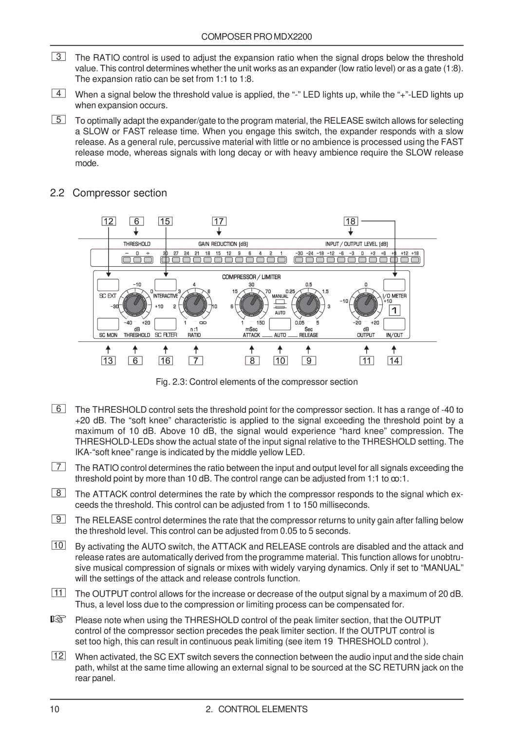 Behringer MDX2200 user manual Compressor section, Control elements of the compressor section 