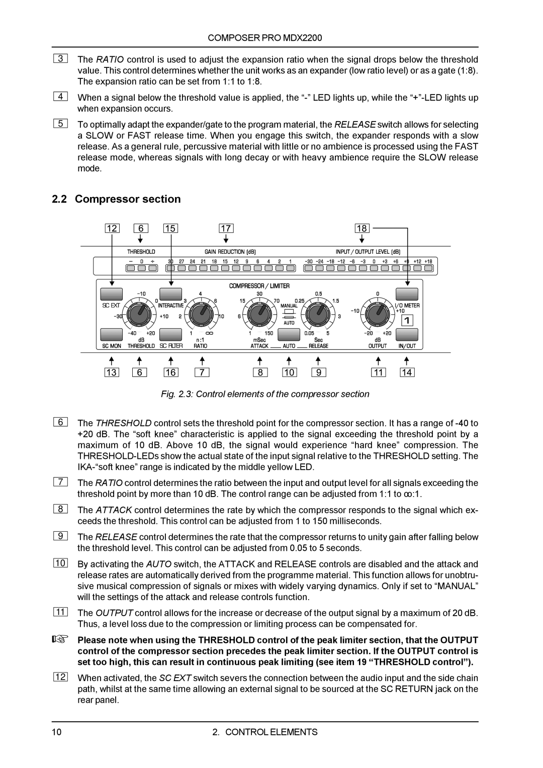 Behringer MDX2200 manual Compressor section, Control elements of the compressor section 