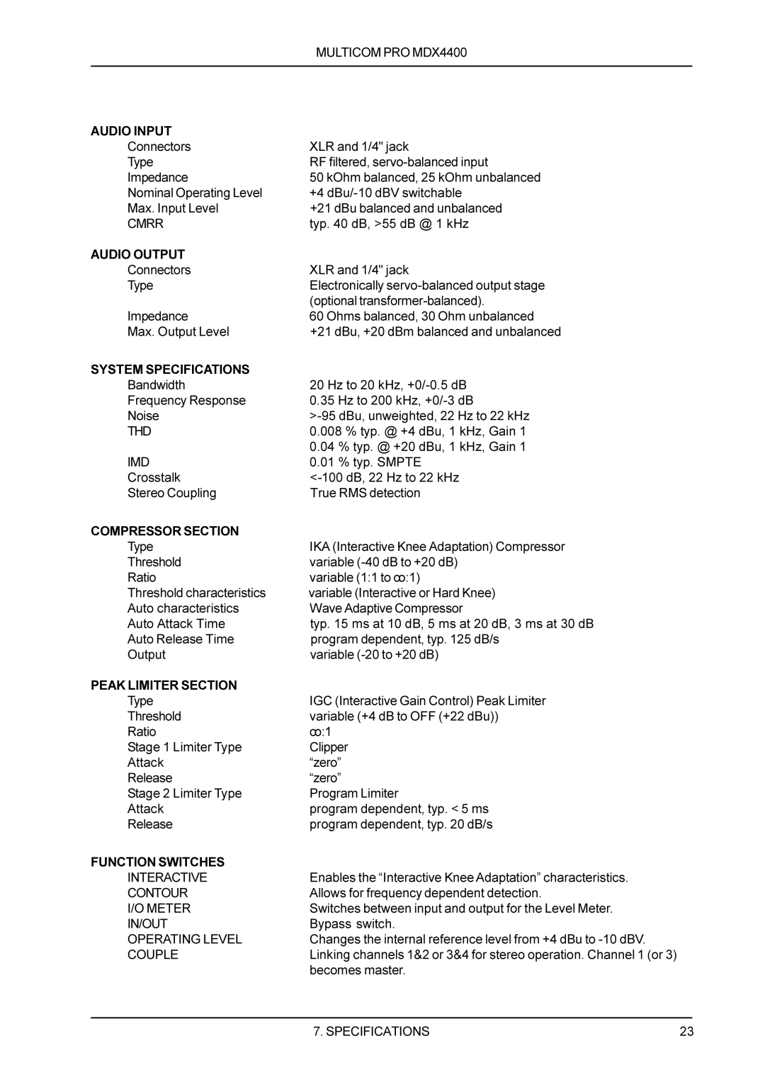 Behringer MDX4400 manual Specifications, Audio Input 