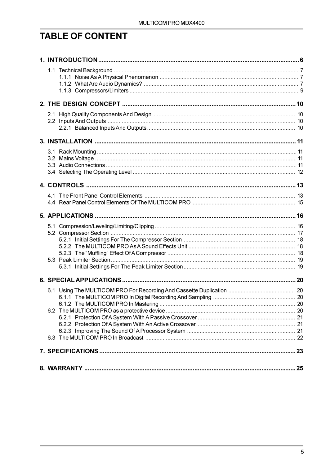 Behringer MDX4400 manual Table of Content 