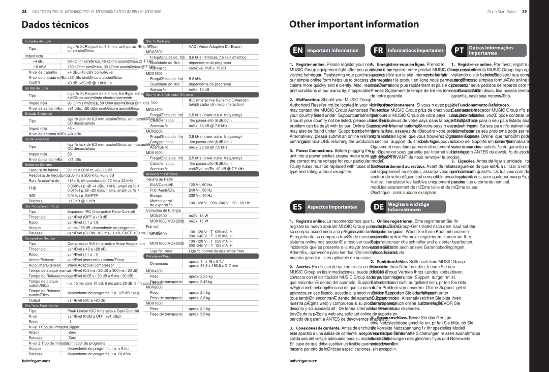 Behringer MDX4600 Important information Informations importantes, Aspectos importantes, Wegitere wichtige Informationen 