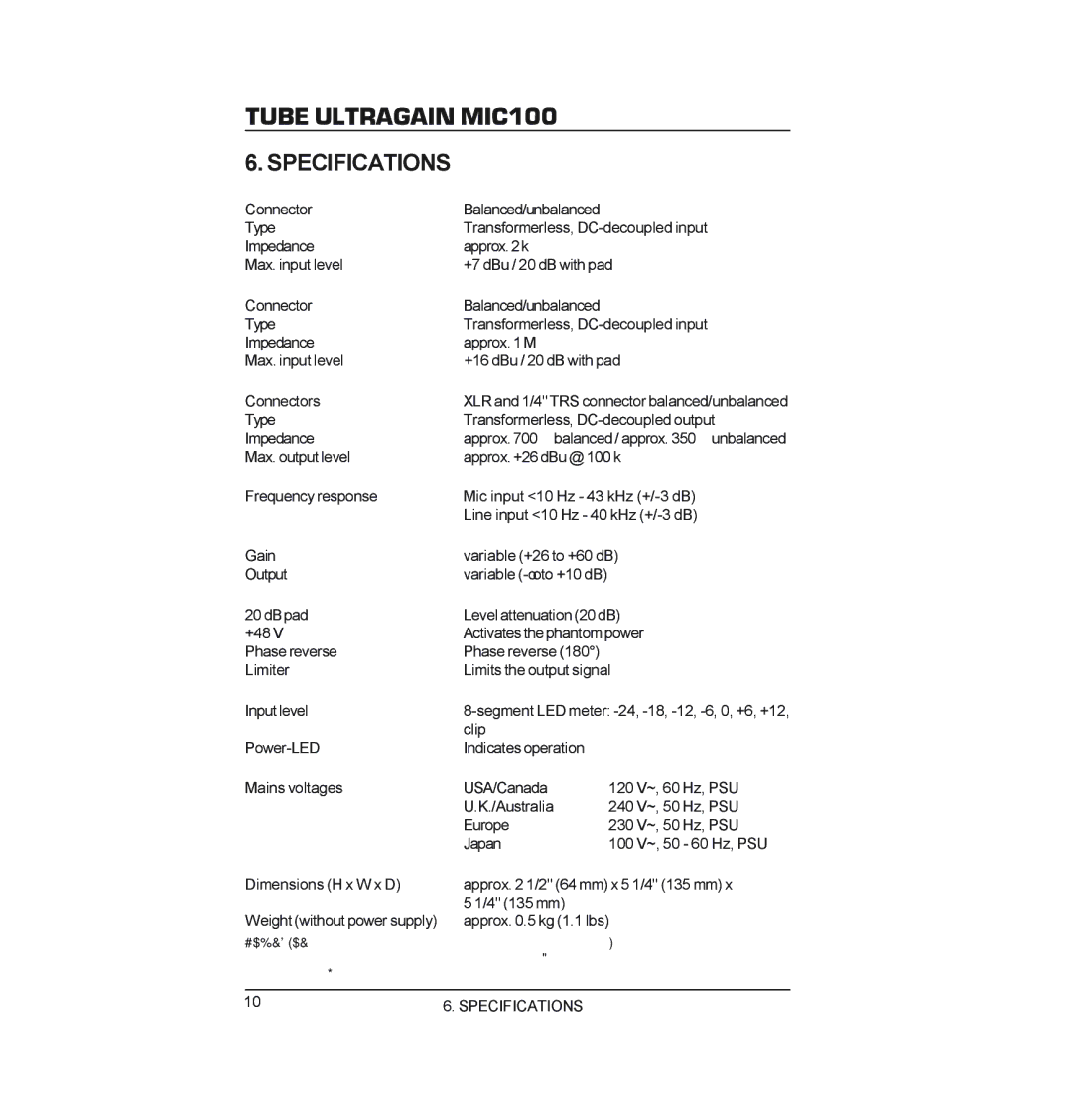 Behringer MIC100 manual Specifications 