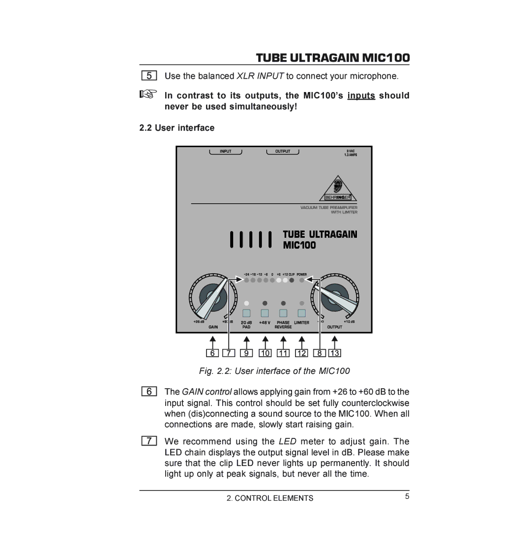 Behringer manual User interface of the MIC100 