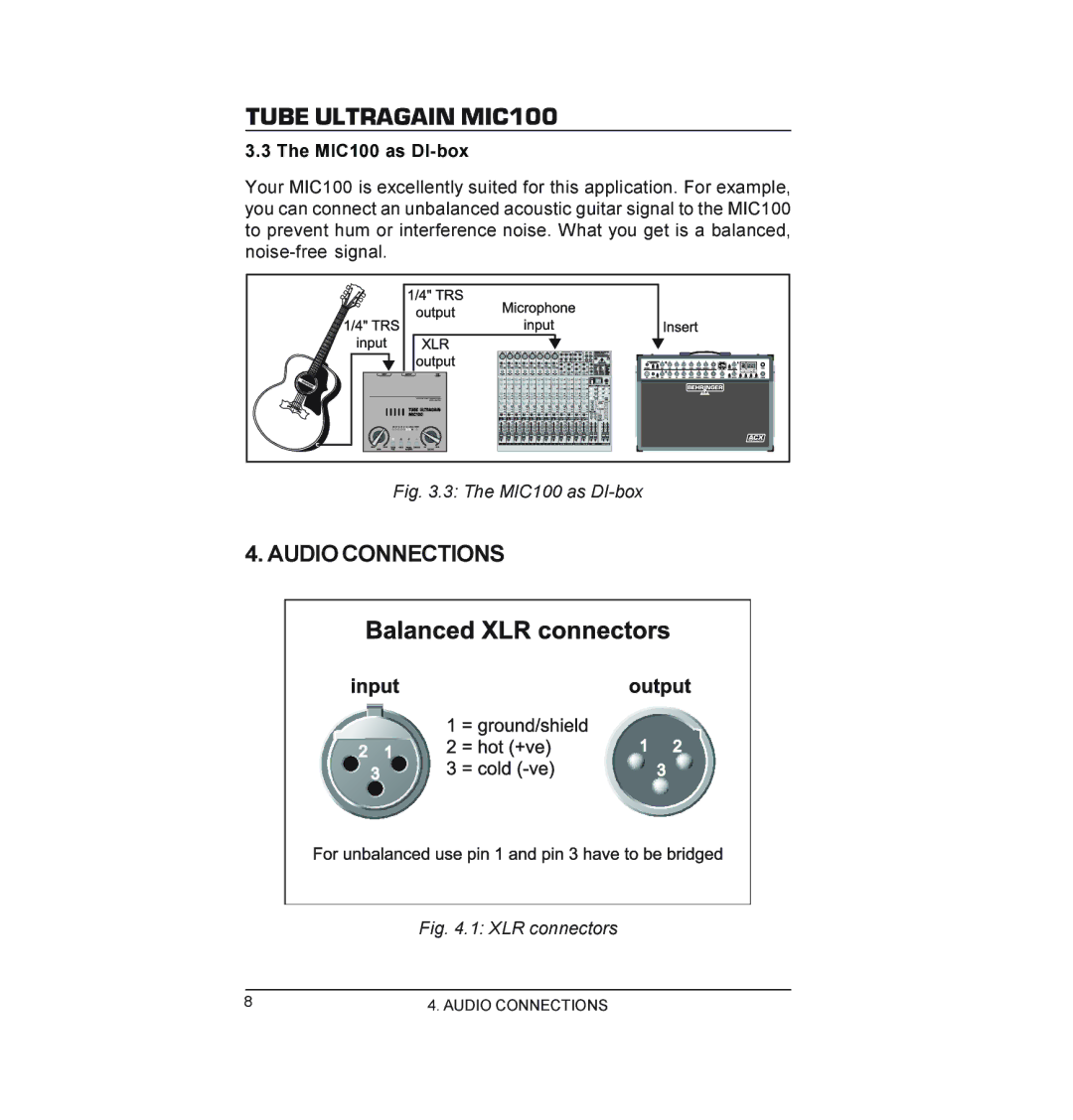 Behringer manual Audio Connections, MIC100 as DI-box 