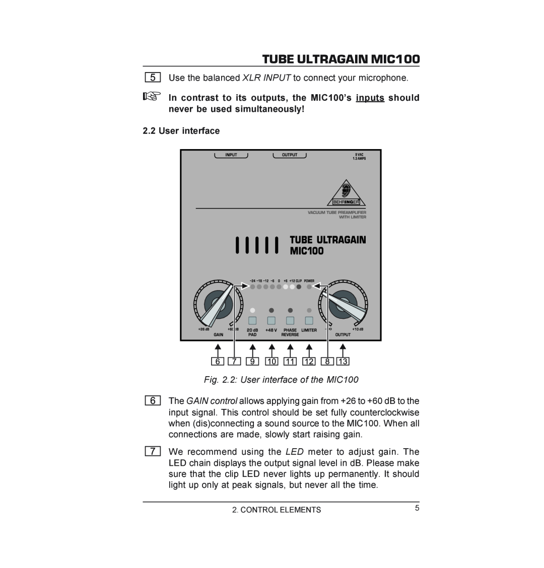 Behringer manual 2 User interface of the MIC100, TUBE ULTRAGAIN MIC100 