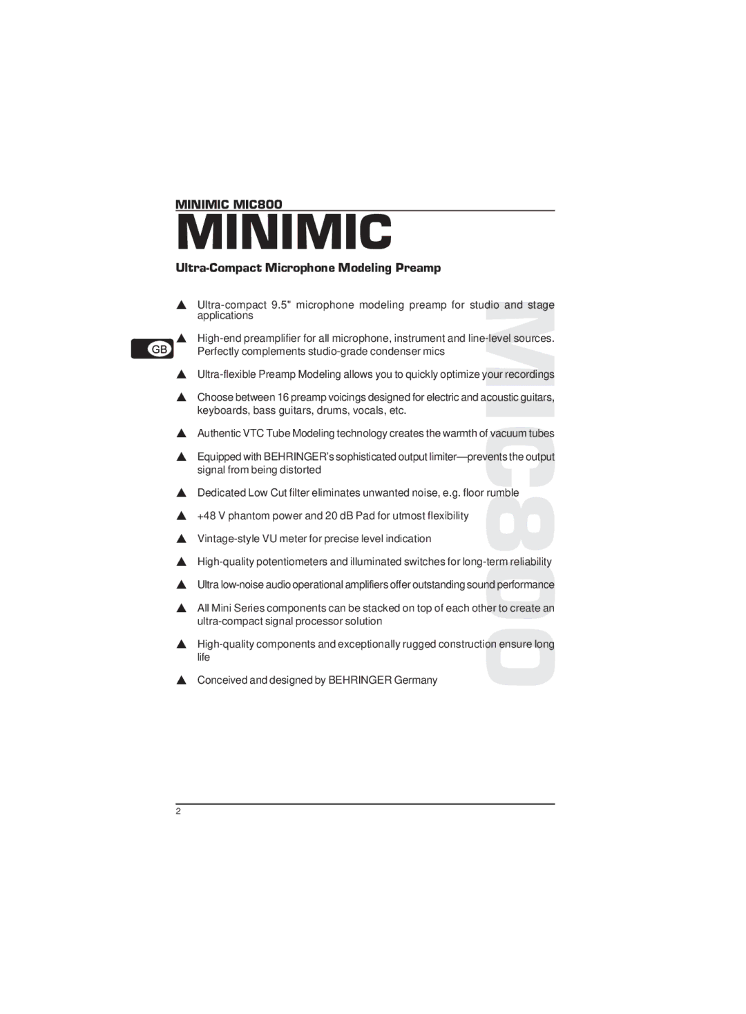 Behringer MIC800 technical specifications Minimic 