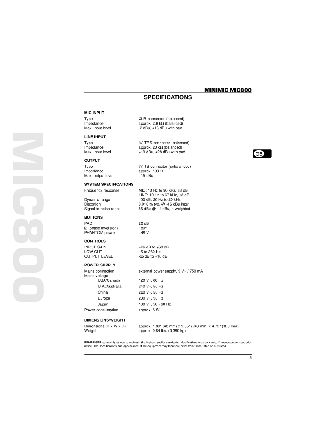 Behringer MIC800 technical specifications 