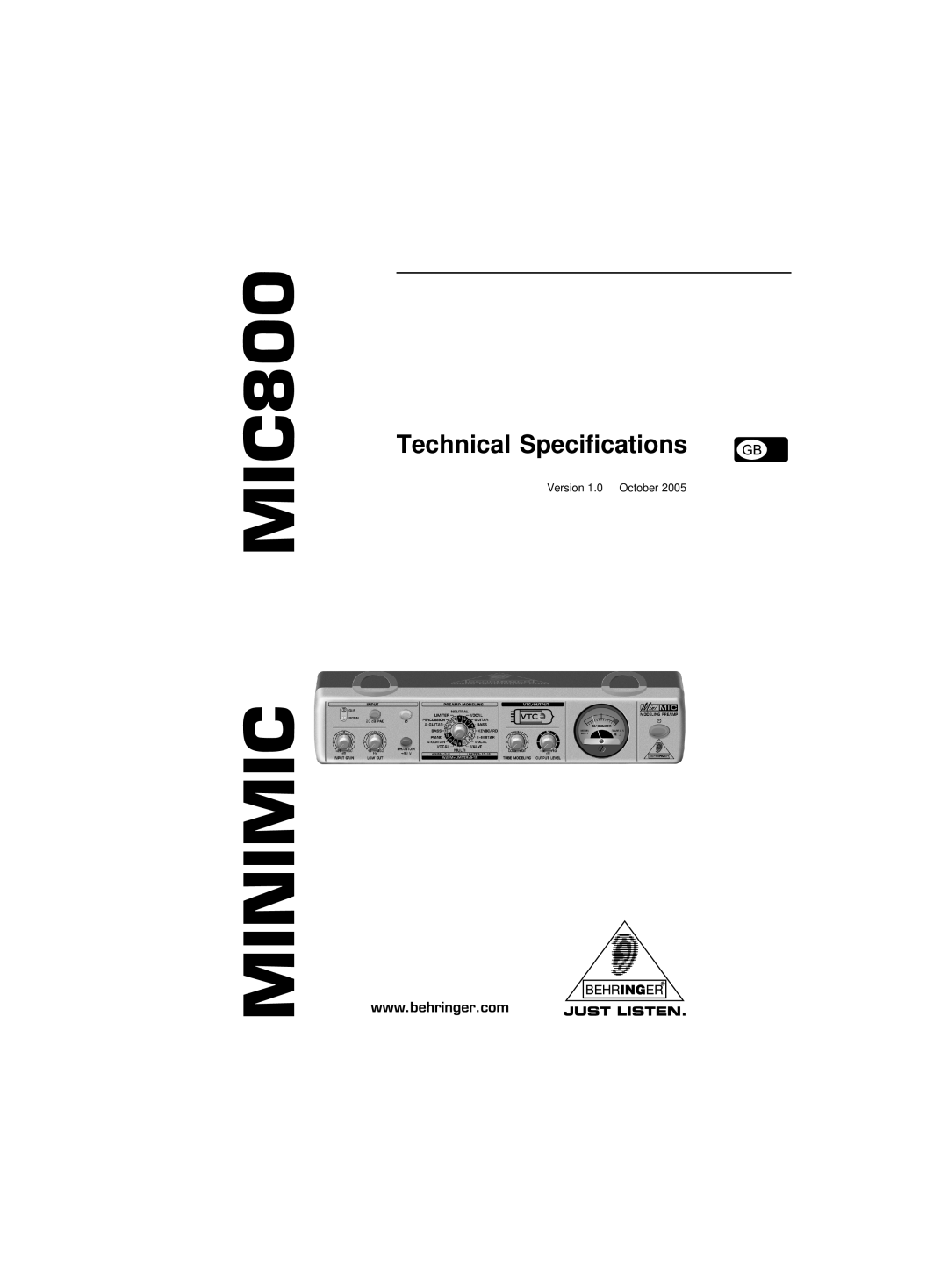Behringer technical specifications MINIMIC MIC800, Technical Specifications 