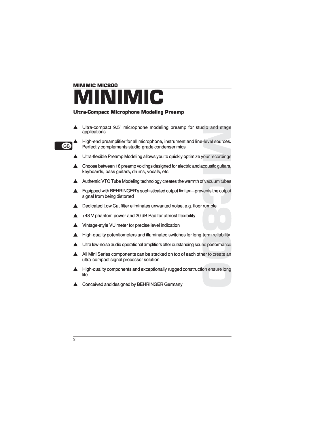 Behringer technical specifications MINIMIC MIC800, Ultra-CompactMicrophone Modeling Preamp, Minimic 