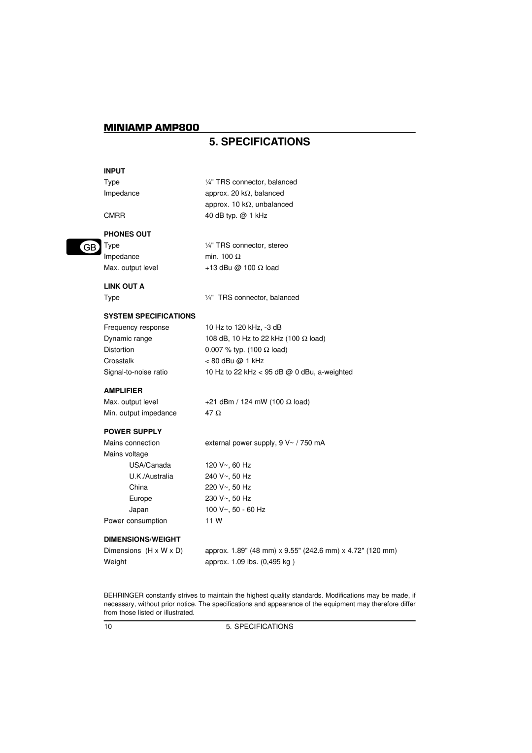 Behringer MINIAMP AMP800 user manual Miniamp AMP800 Specifications, Input 