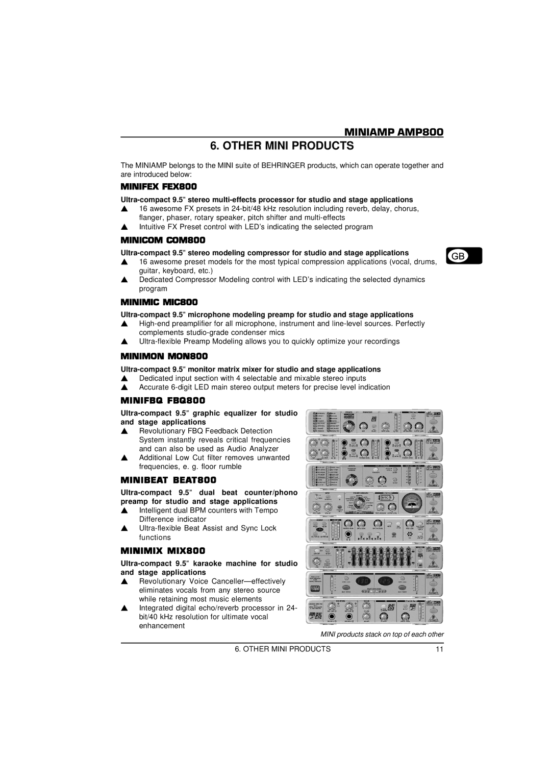 Behringer MINIAMP AMP800 user manual Miniamp AMP800 Other Mini Products, Minifex FEX800 