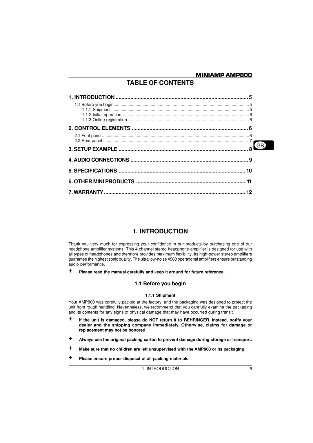 Behringer MINIAMP AMP800 user manual Miniamp AMP800, Table of Contents, Introduction 