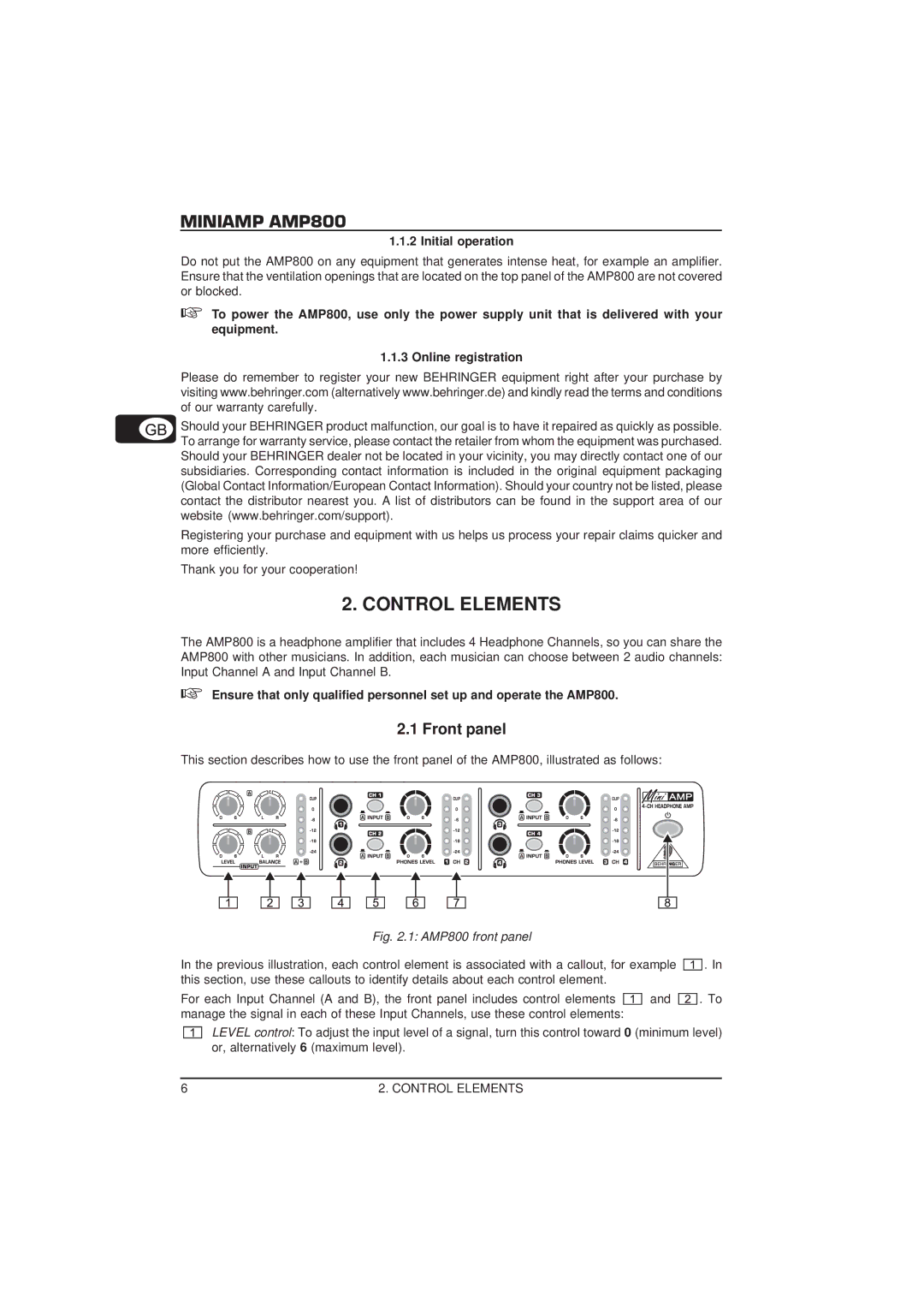 Behringer MINIAMP AMP800 user manual Control Elements, Front panel, Initial operation 