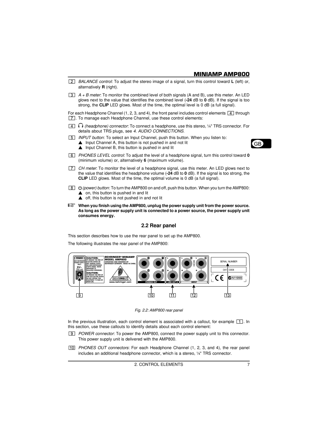 Behringer MINIAMP AMP800 user manual Rear panel, AMP800 rear panel 