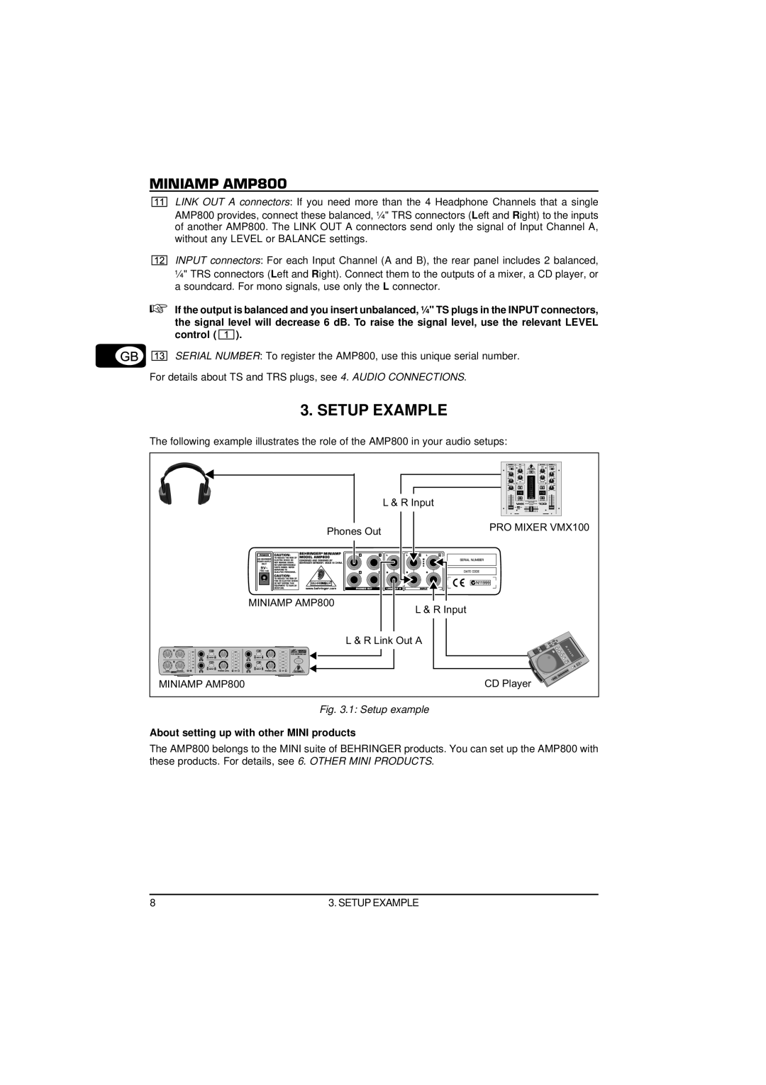 Behringer MINIAMP AMP800 user manual Setup Example, About setting up with other Mini products 