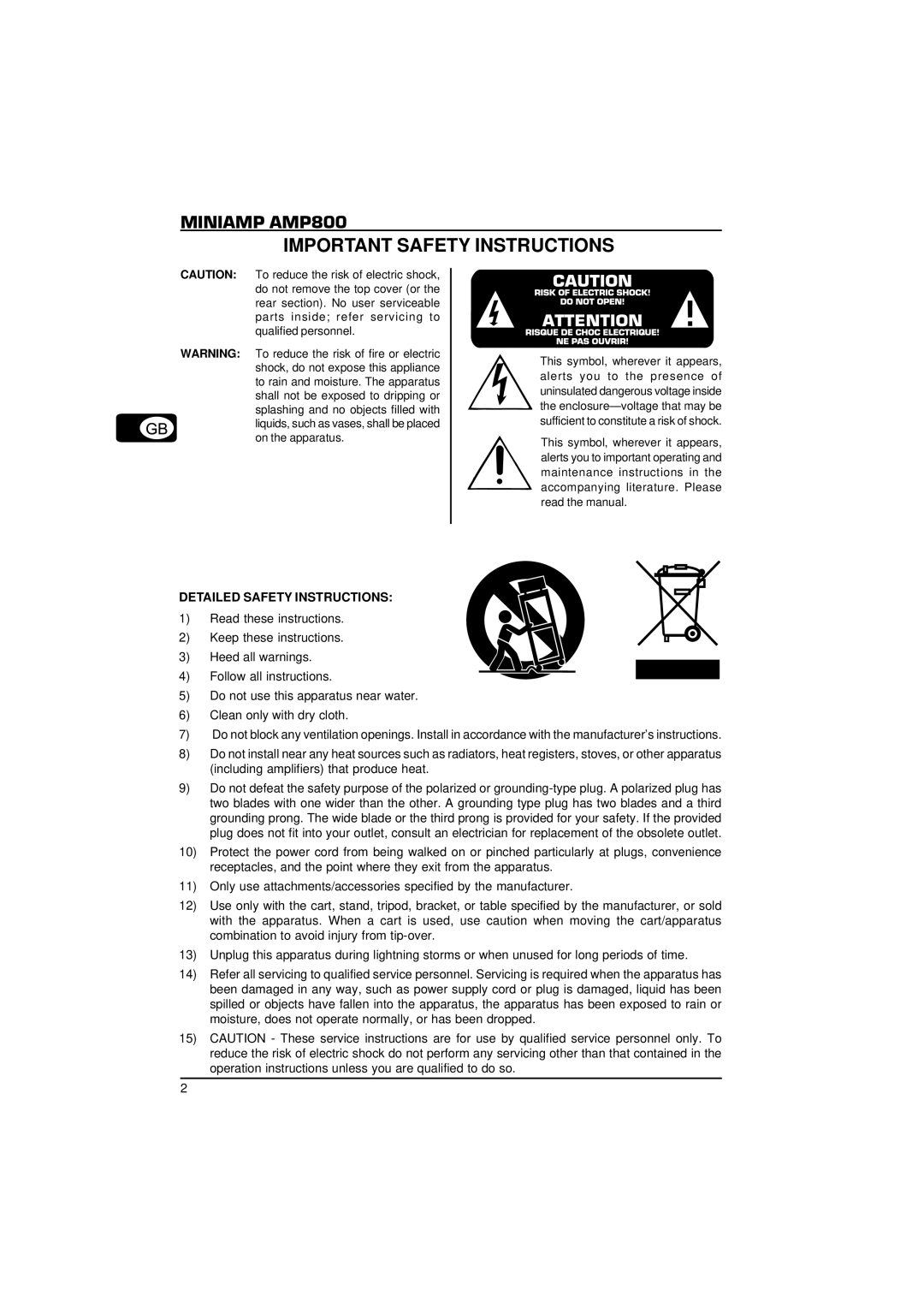 Behringer MINIAMP AMP800 user manual Important Safety Instructions, Detailed Safety Instructions 