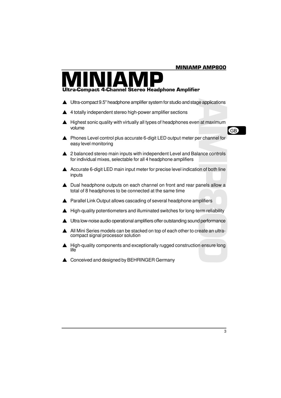 Behringer MINIAMP AMP800 user manual 