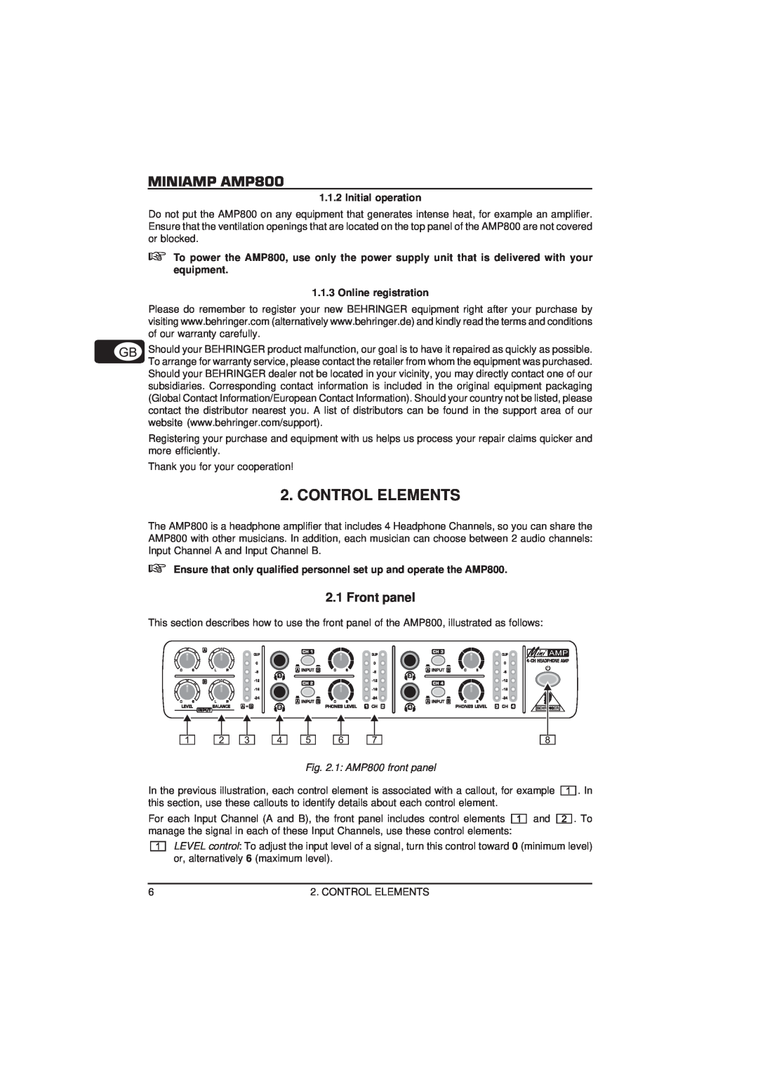 Behringer MINIAMP AMP800 Control Elements, Front panel, Initial operation, Online registration, 1: AMP800 front panel 