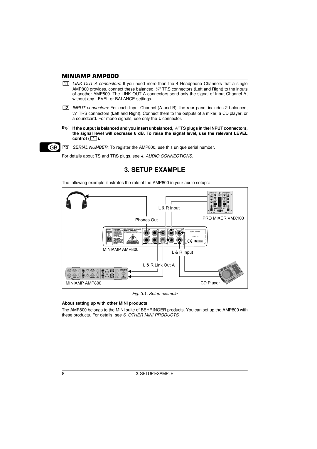Behringer MINIAMP AMP800 user manual Setup Example, 1: Setup example, About setting up with other MINI products 
