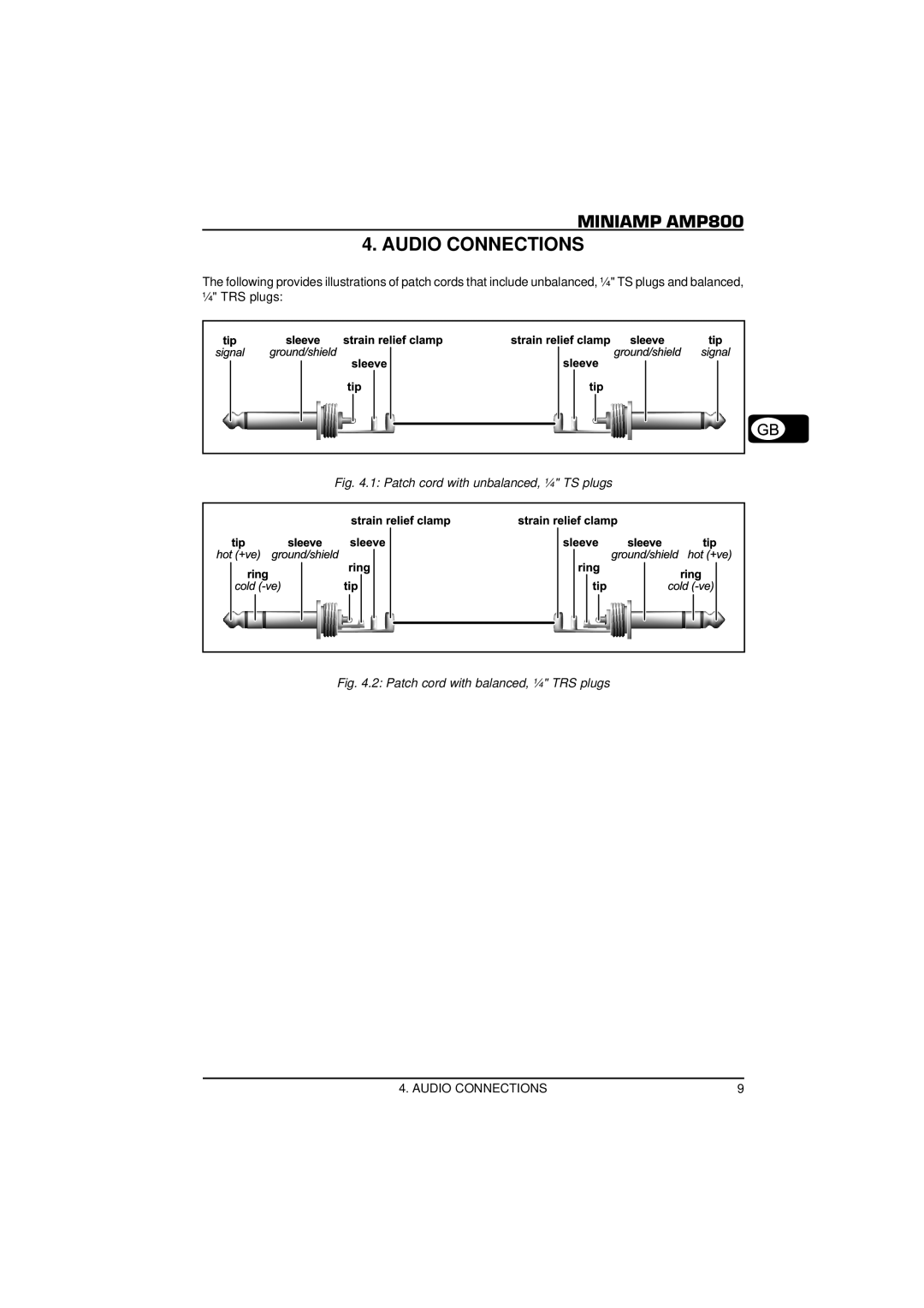 Behringer MINIAMP AMP800 user manual Audio Connections, 1: Patch cord with unbalanced, ¼ TS plugs 