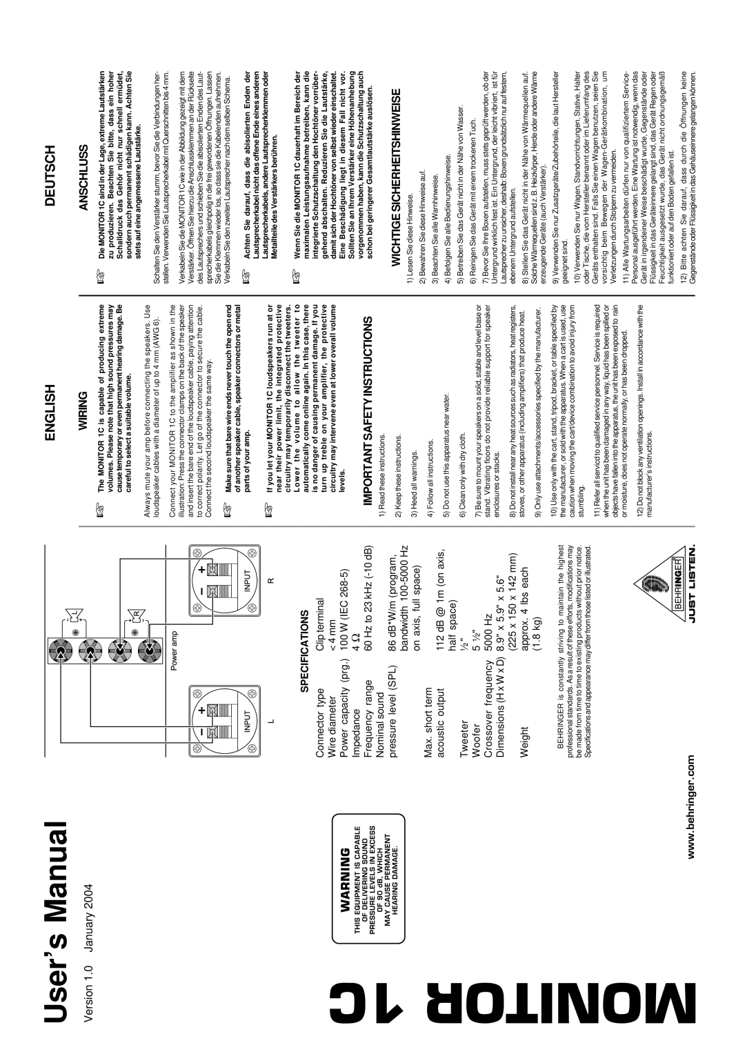 Behringer Monitor 1C important safety instructions English, Deutsch, Version 1.0 January, Wiring, Anschluss, MONITOR 1C 