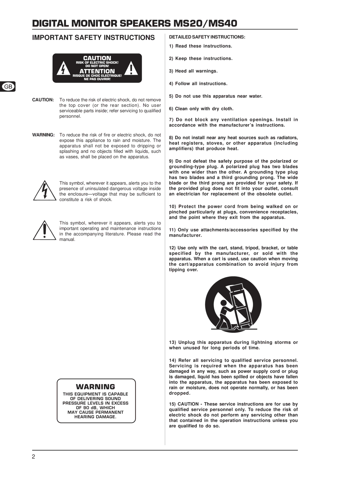 Behringer MS20 user manual Important Safety Instructions, Detailed Safety Instructions 