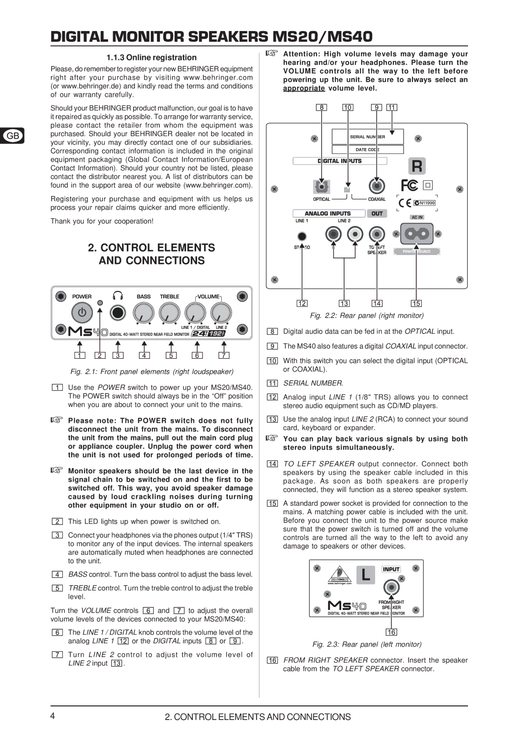 Behringer MS20 user manual Control Elements and Connections, Online registration 