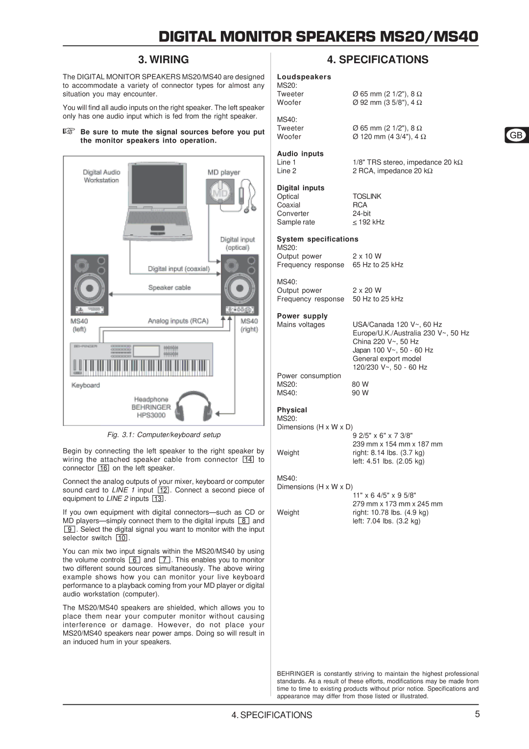 Behringer MS20 user manual Wiring, Specifications 