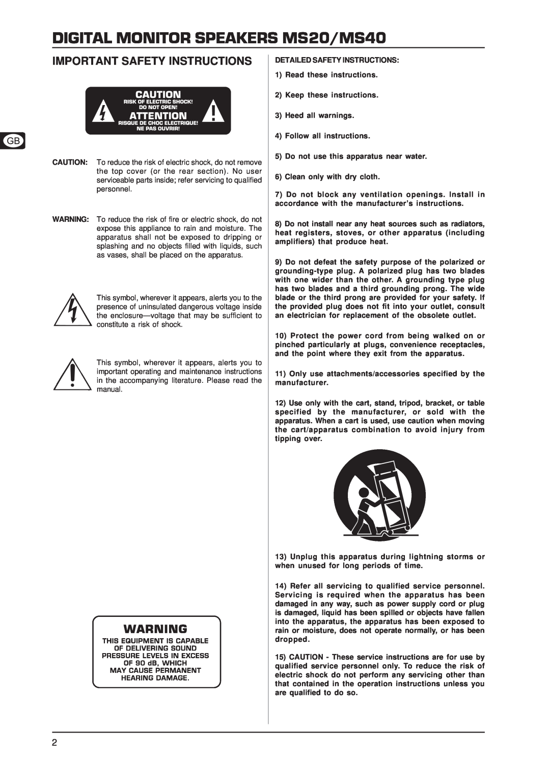 Behringer user manual DIGITAL MONITOR SPEAKERS MS20/MS40, Important Safety Instructions 