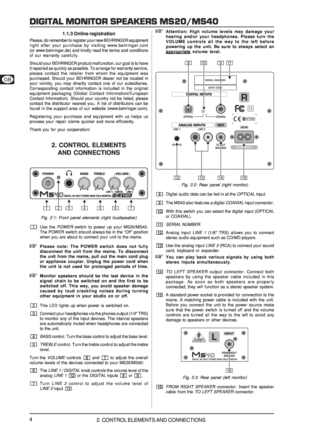 Behringer MS20 user manual Control Elements And Connections, Online registration, 1 Front panel elements right loudspeaker 