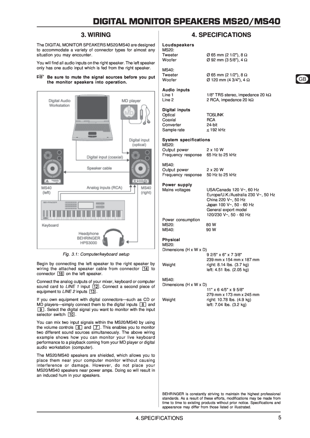 Behringer user manual Wiring, Specifications, 1 Computer/keyboard setup, DIGITAL MONITOR SPEAKERS MS20/MS40 