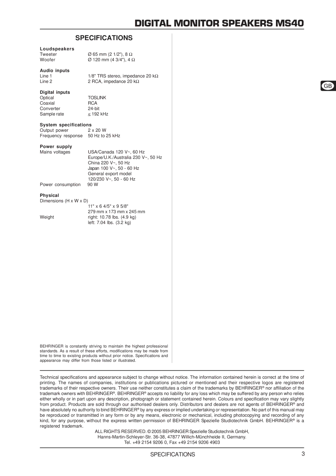 Behringer technical specifications Digital Monitor Speakers MS40, Specifications 