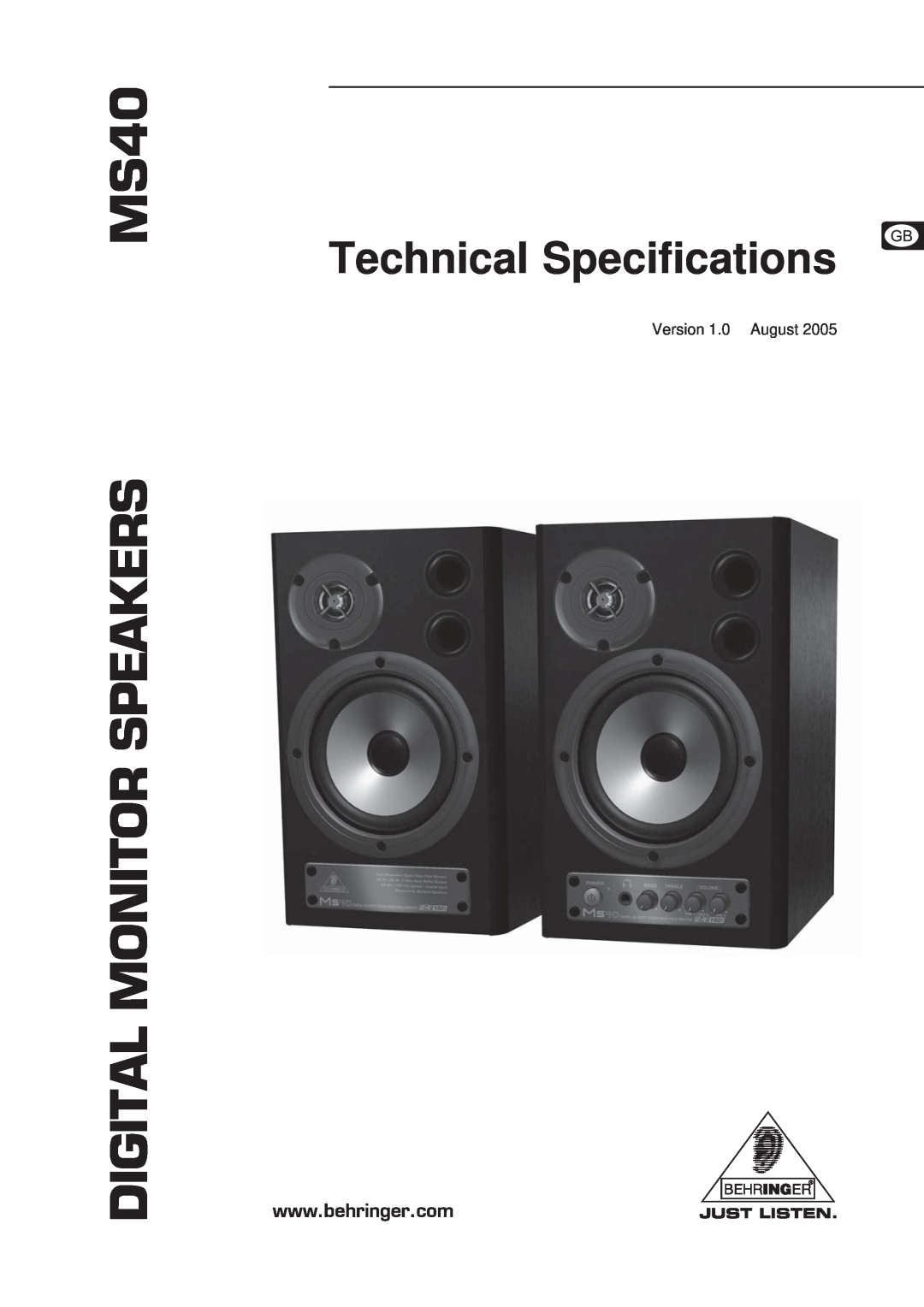 Behringer MS40 technical specifications Version 1.0 August, Digital Monitor Speakers, Technical Specifications 