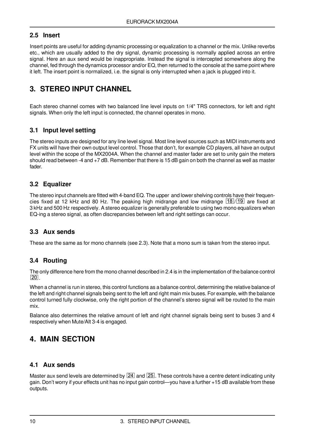 Behringer MX2004A user manual Stereo Input Channel, Main Section, Insert, Routing 