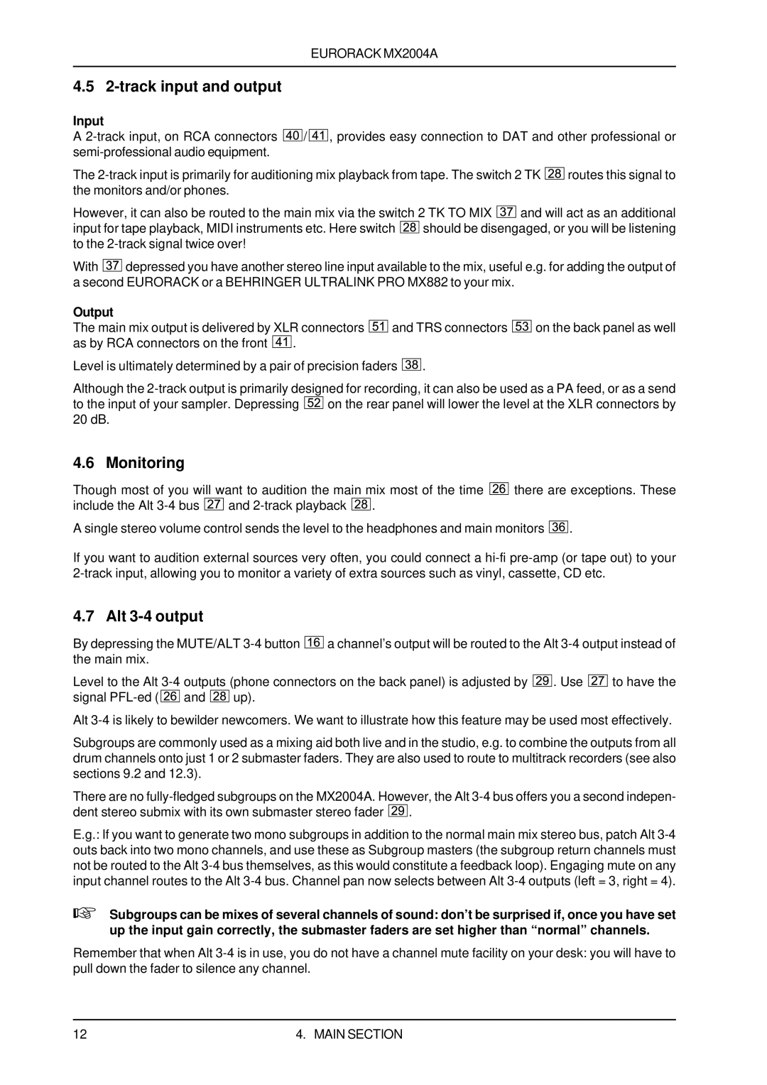 Behringer MX2004A user manual track input and output, Monitoring, Alt 3-4 output, Input, Output 