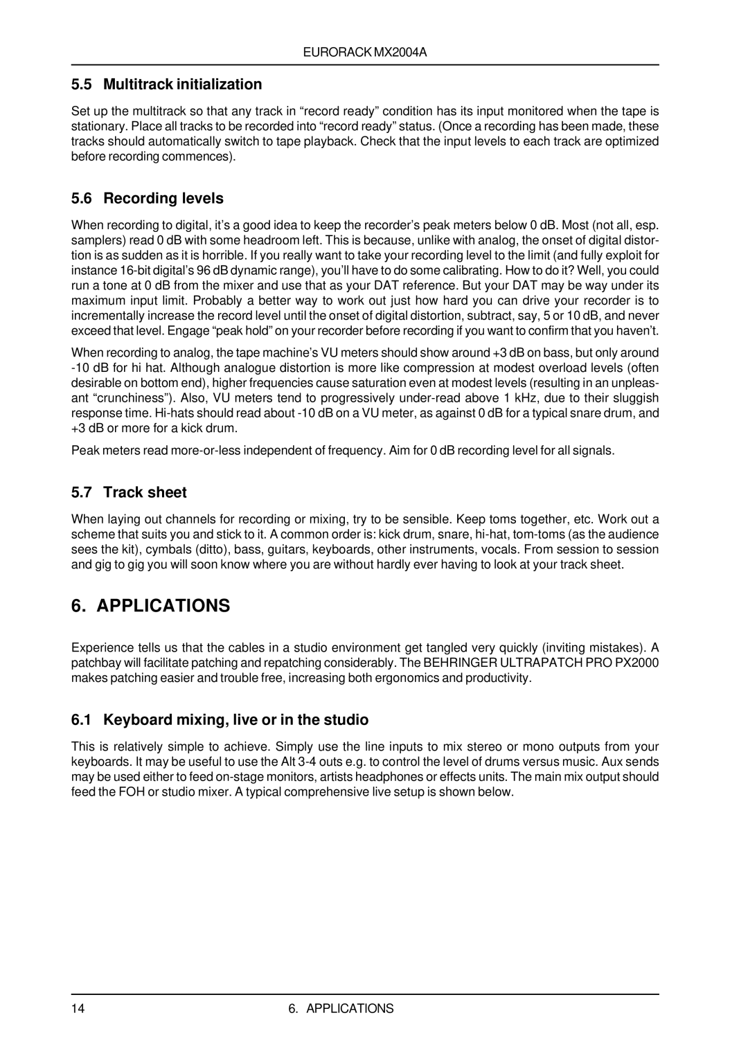 Behringer MX2004A user manual Applications, Multitrack initialization, Recording levels, Track sheet 