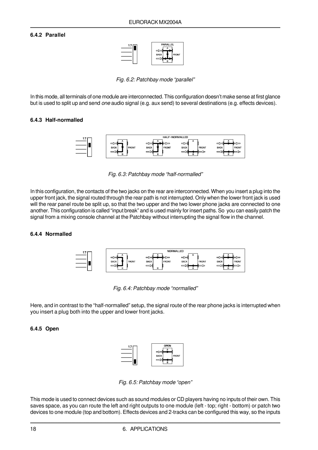 Behringer MX2004A user manual Parallel, Half-normalled, Normalled, Open 