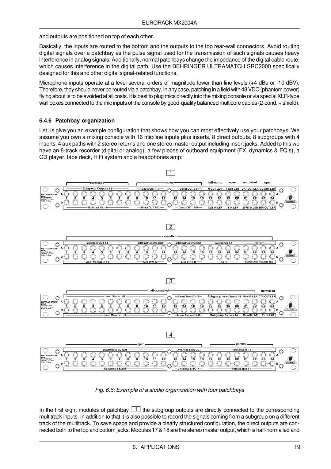 Behringer MX2004A user manual Patchbay organization, Example of a studio organization with four patchbays 