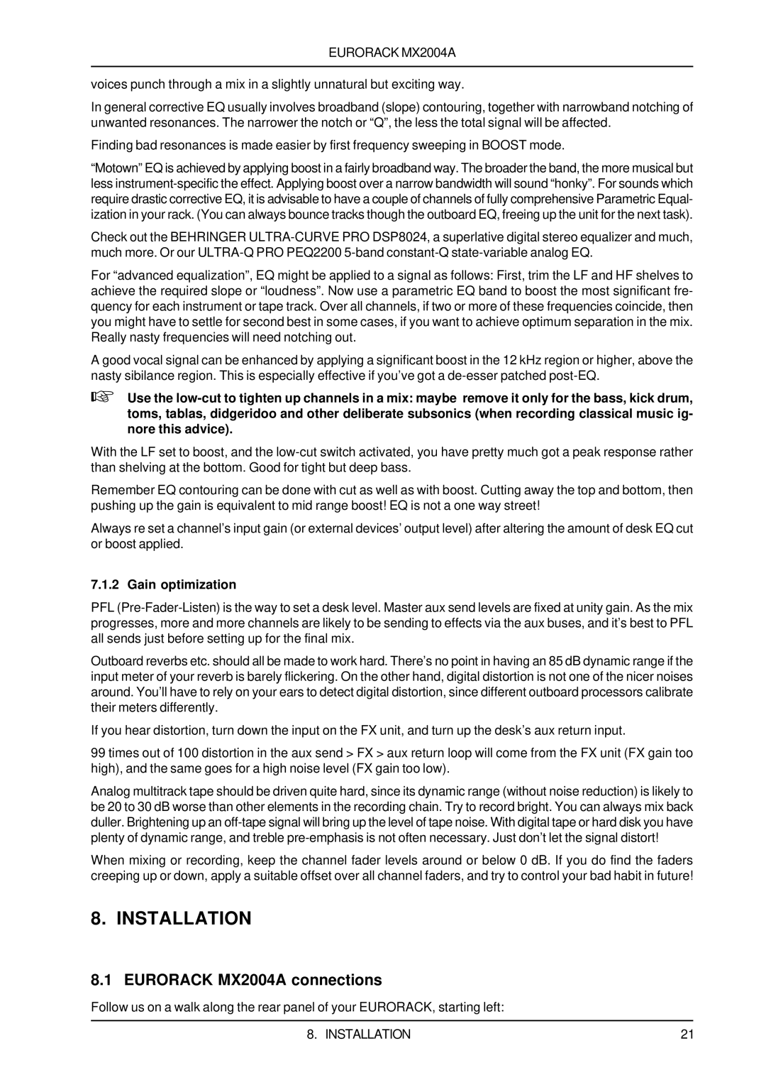 Behringer user manual Installation, Eurorack MX2004A connections, Gain optimization 