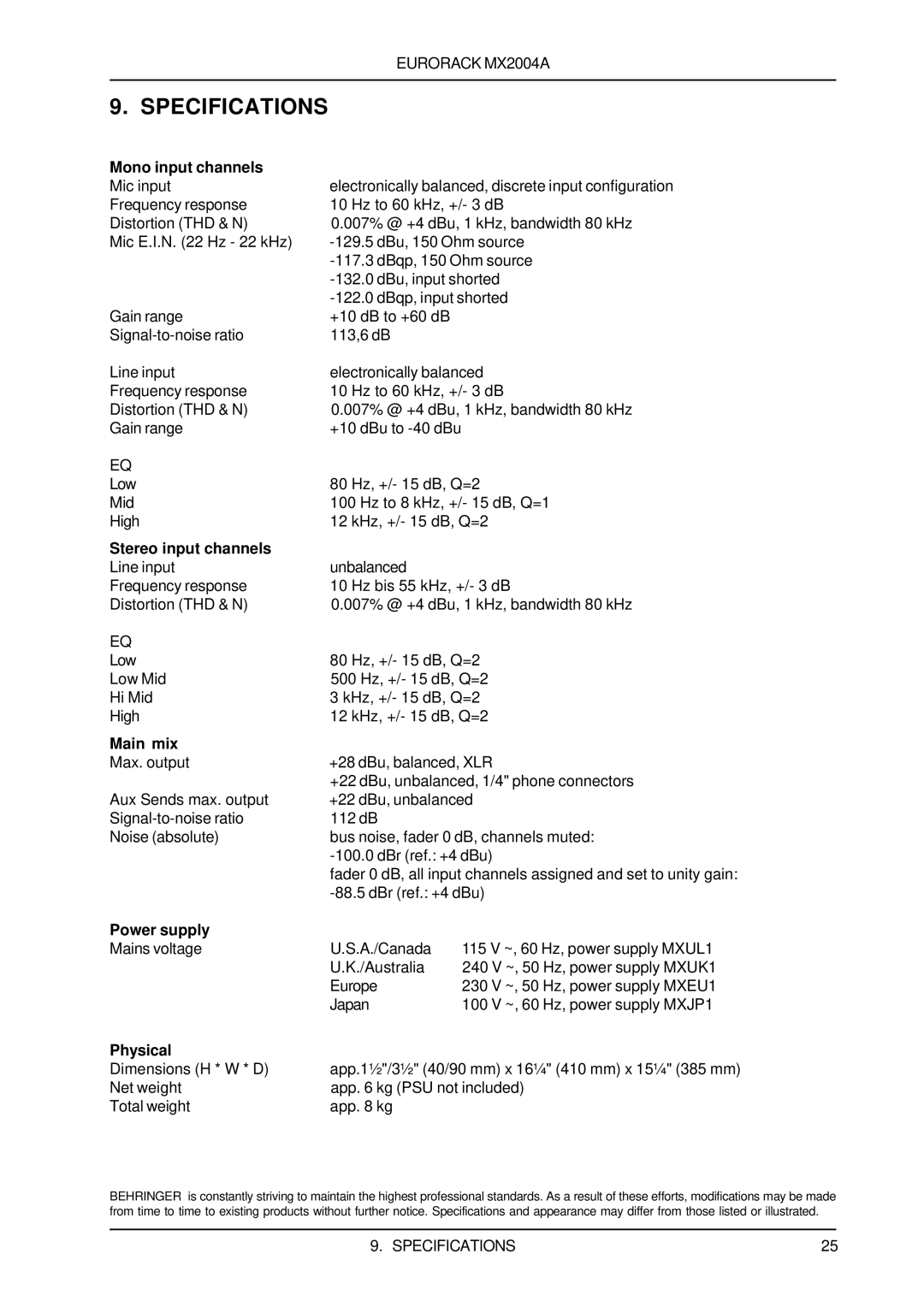 Behringer MX2004A user manual Specifications, Main mix, Power supply, Physical 