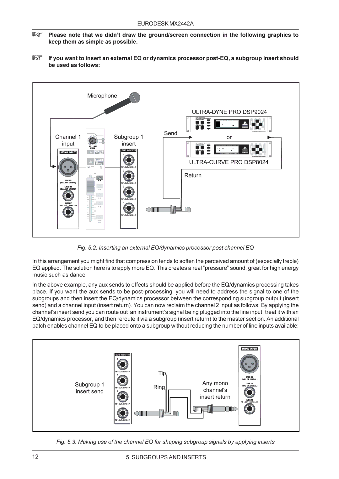 Behringer MX2442A manual Inserting an external EQ/dynamics processor post channel EQ 